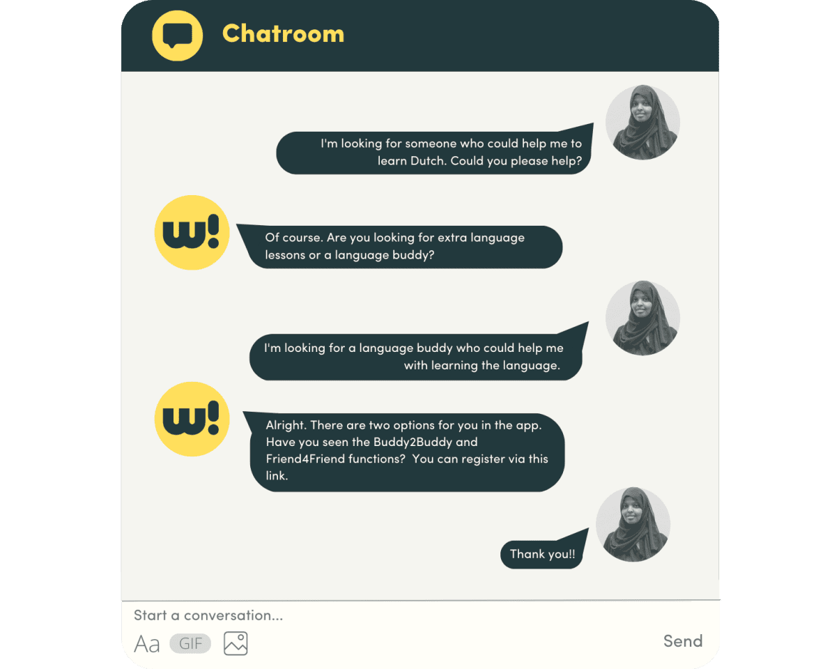 Example of a chat conversation in the Welcome App, where newcomers can ask questions about information and activities.