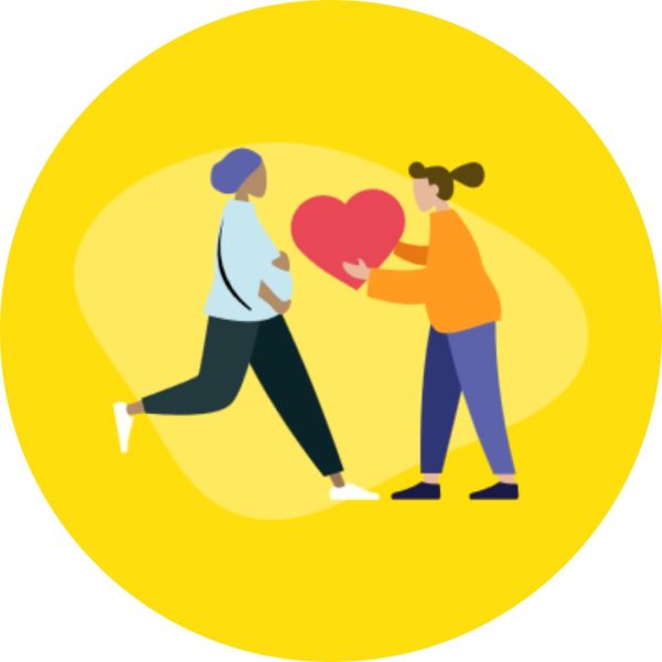 A yellow background with a cartoon drawing of two newcomers exchanging a large red heart, forming a connection between them.