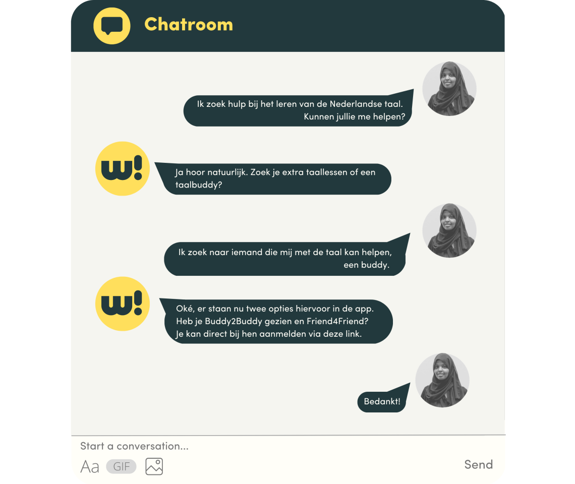 Een voorbeeld van een chat gesprek in de Welcome App, waar nieuwkomers vragen kunnen stellen over informatie en activiteiten.