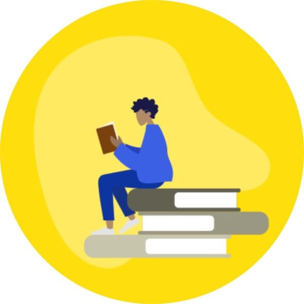 Een gele achtergrond met daarvoor een cartoon-tekening van een persoon die zit op een stapel grote boeken terwijl hij zelf een boek leest. Hij zoekt naar hulp voor nieuwkomers, die de Welcome app aanbiedt.
