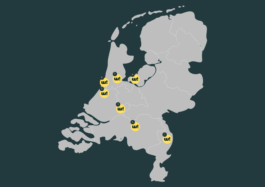Map van Nederland met gemeenten aangestipt waar Welcome app actief is momenteel.
