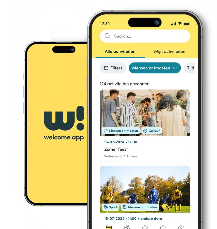 Welcome app interface met activiteitenoverzicht op mobiele telefoon, met filters zoals 'Mensen ontmoeten' en een voorbeeld van evenementen zoals 'Zomer feest' en sportevenementen om integratie te vermakkelijken.